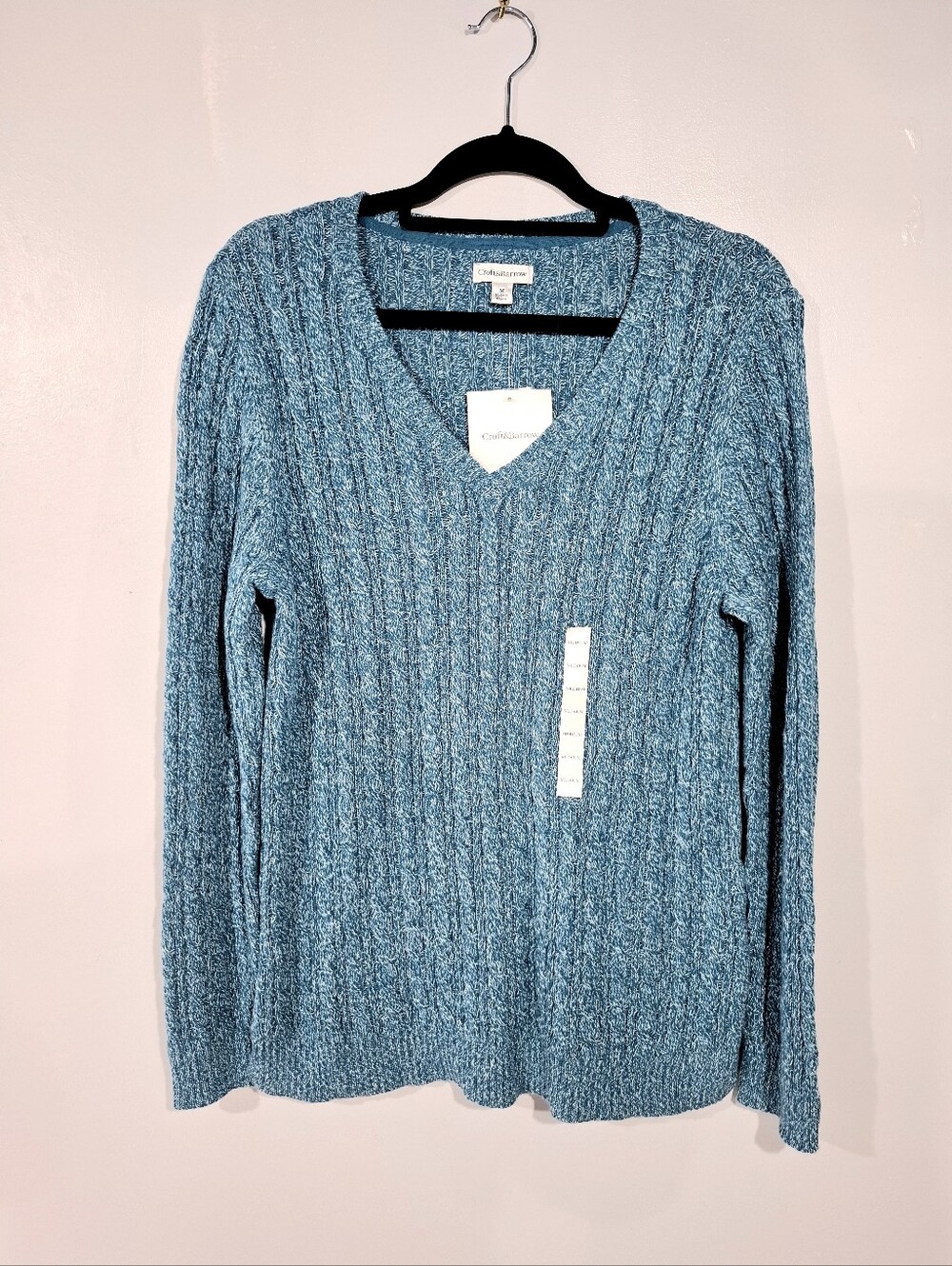 New Croft & Barrow Women's Marled Teal Cable-knit sweater V-Neck Sz M Textured
